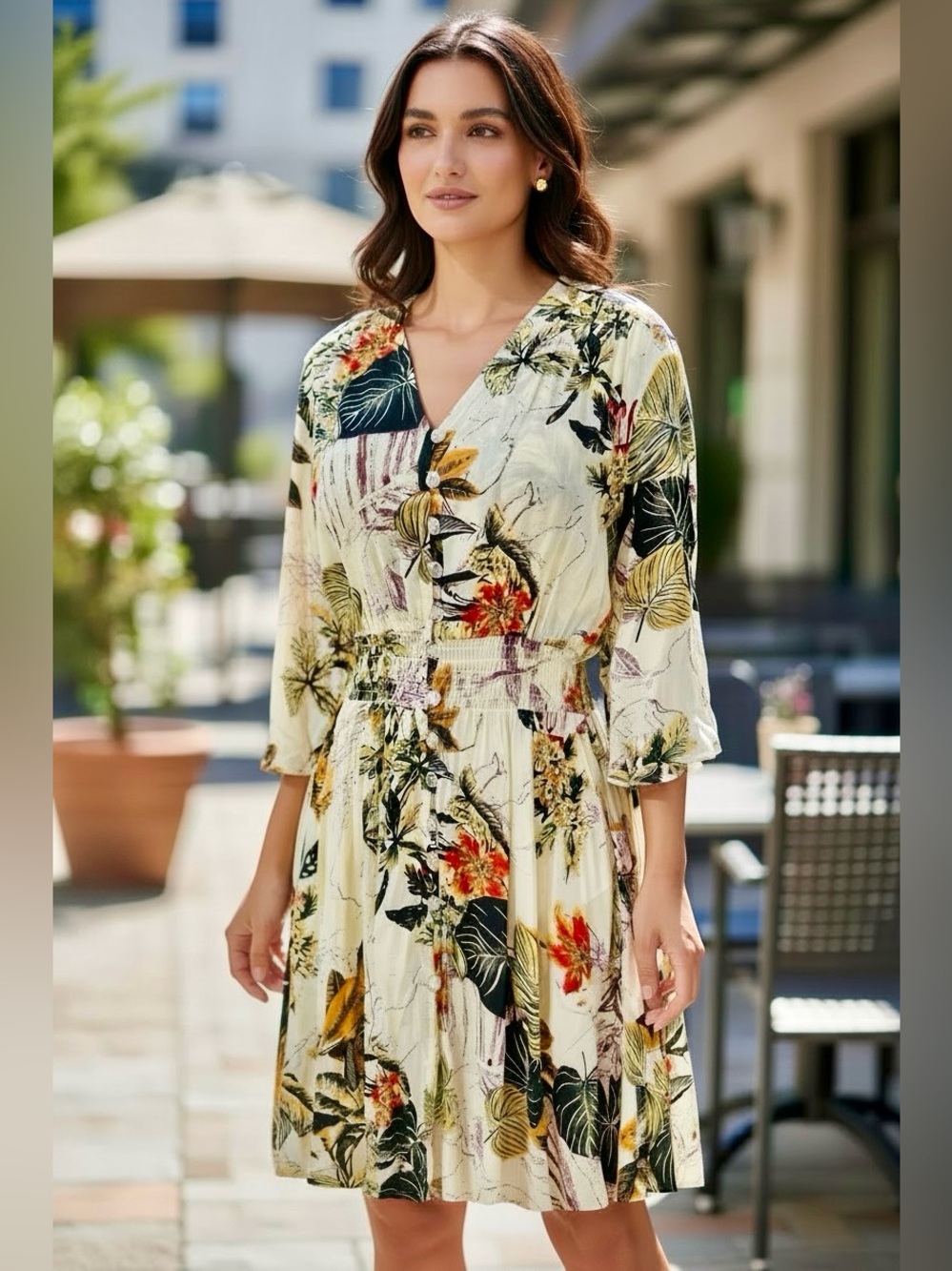 Women’s Button Front Botanical Midi Dress (Fully Lined) - Medium, New